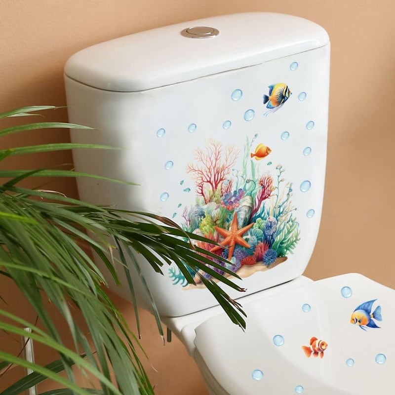 Ethanberg 2 Sheets Ocean Grass Fish Toilet Cover Stickers, Seagrass Coral Starfish Toilet Lid Decals, Bathroom Decorative Wall Stickers, Self-Adhesive Removable Waterproof WC Restroom Wall Art Mural - Image 5